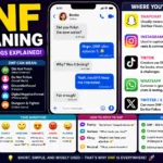DNF Meaning infographic explaining DNF as "Did Not Finish" with texting examples, Snapchat, Instagram, TikTok, WhatsApp, and X usage. Features a smartphone chat conversation, common meanings, tone variations, reply suggestions, and practical examples of DNF in online communication.