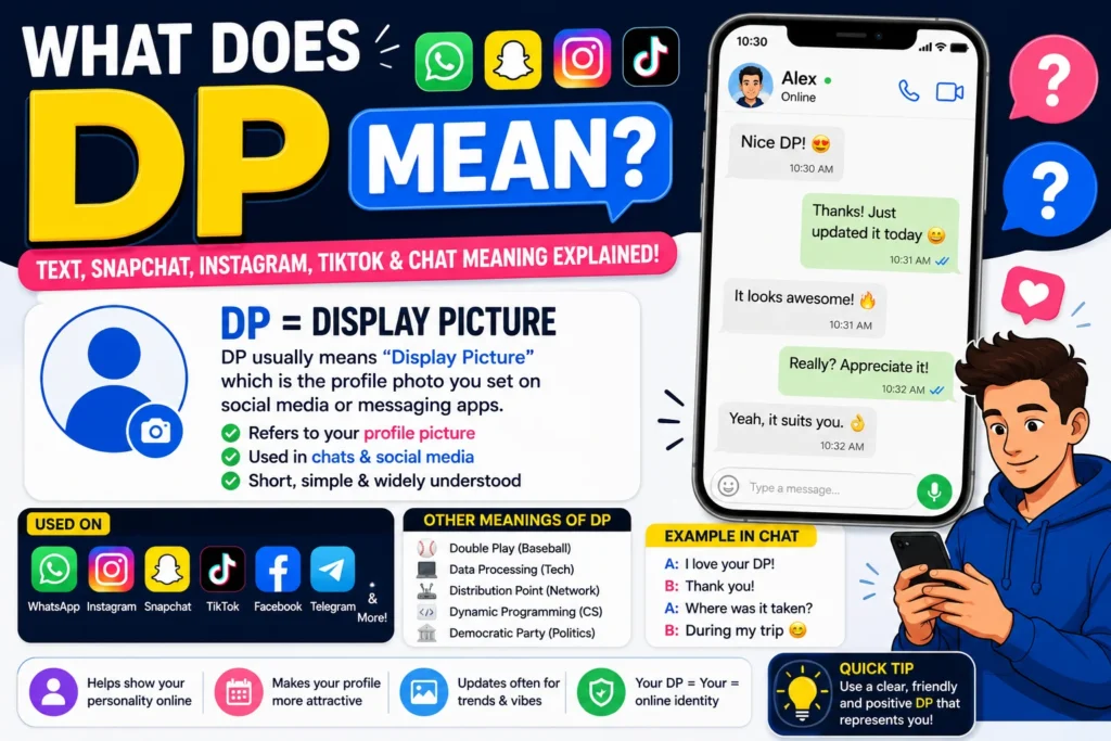 Illustration explaining “What Does DP Mean?” featuring a smartphone with a profile picture icon, social media chat bubbles, messaging symbols, and bold text highlighting the meaning of DP (Display Picture) in texting, Snapchat, Instagram, TikTok, and online chats.