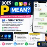 Illustration explaining “What Does DP Mean?” featuring a smartphone with a profile picture icon, social media chat bubbles, messaging symbols, and bold text highlighting the meaning of DP (Display Picture) in texting, Snapchat, Instagram, TikTok, and online chats.