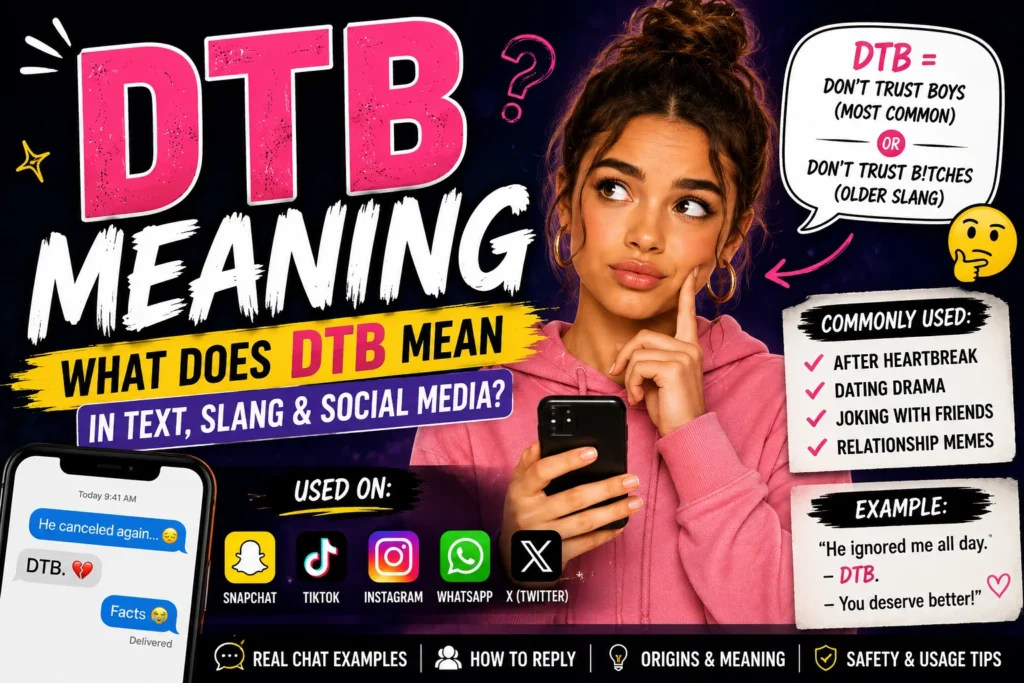 Featured image explaining the DTB meaning in text and slang, showing that DTB most commonly means "Don't Trust Boys," its older slang meaning, and its usage on TikTok, Snapchat, Instagram, WhatsApp, and other social media platforms with infographic-style visuals.