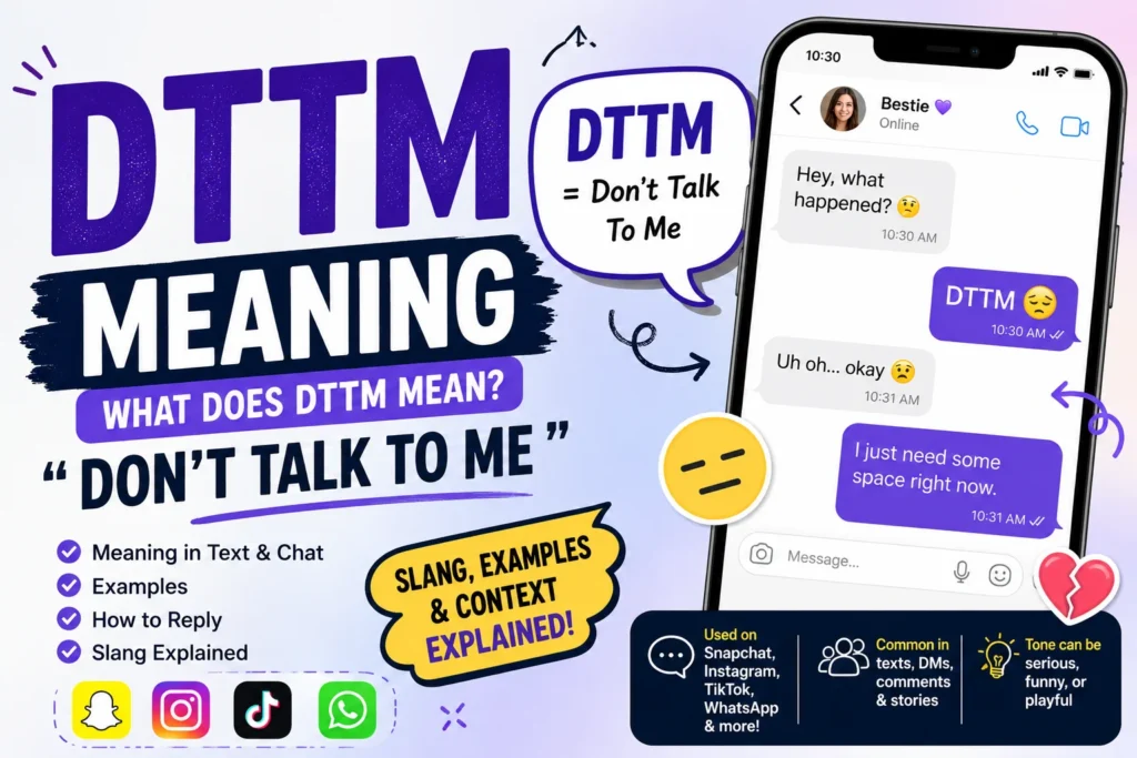DTTM meaning infographic showing the acronym “DTTM” with its definition “Don’t Talk To Me,” a smartphone chat conversation, emojis expressing frustration and sadness, and social media icons for Snapchat, Instagram, TikTok, and WhatsApp, explaining DTTM slang in text and online chats.