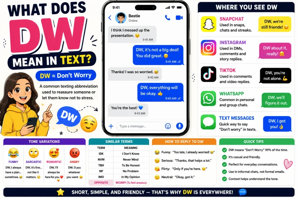 Colorful infographic-style illustration explaining “What Does DW Mean in Text?” featuring large DW letters, smartphone chat bubbles, messaging icons, social media symbols, and texting conversation elements representing the slang abbreviation used in text messages, Snapchat, Instagram, TikTok, and WhatsApp.