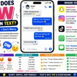 Colorful infographic-style illustration explaining “What Does DW Mean in Text?” featuring large DW letters, smartphone chat bubbles, messaging icons, social media symbols, and texting conversation elements representing the slang abbreviation used in text messages, Snapchat, Instagram, TikTok, and WhatsApp.