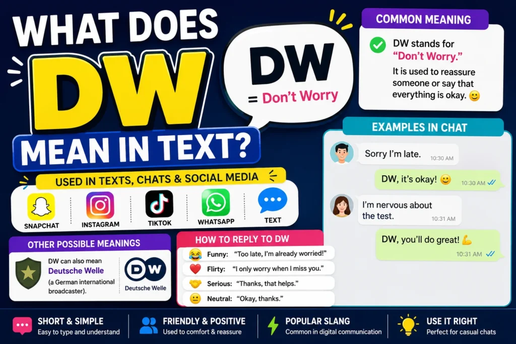 Colorful infographic showing the meaning of DW in text messages. The image explains that DW stands for "Don't Worry," includes real texting examples, social media platform icons, common meanings, how to reply to DW, and usage in Snapchat, Instagram, TikTok, WhatsApp, and chat conversations.