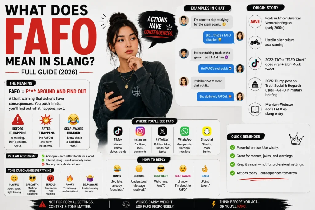 Featured image for a FAFO meaning guide showing a young woman holding a smartphone and thinking, surrounded by visual explanations of the slang term FAFO (F** Around and Find Out), chat examples, social media icons, origin timeline, tone variations, and usage tips for TikTok, Instagram, Snapchat, WhatsApp, and X in 2026.*