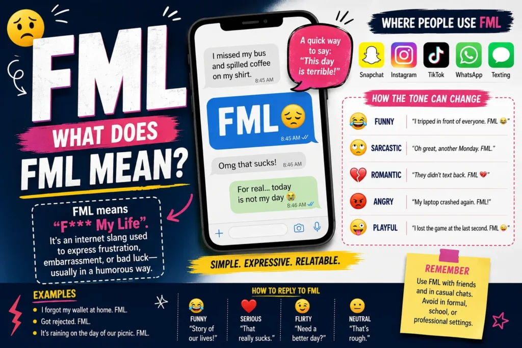 Featured image explaining “What Does FML Mean?” with a smartphone chat screen, bold FML text, and visual examples showing that FML stands for “F* My Life.” The infographic highlights its meaning in texting, Snapchat, Instagram, TikTok, and WhatsApp, along with different tones such as funny, sarcastic, romantic, angry, and playful, plus examples and response ideas.**