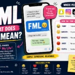 Featured image explaining “What Does FML Mean?” with a smartphone chat screen, bold FML text, and visual examples showing that FML stands for “F* My Life.” The infographic highlights its meaning in texting, Snapchat, Instagram, TikTok, and WhatsApp, along with different tones such as funny, sarcastic, romantic, angry, and playful, plus examples and response ideas.**