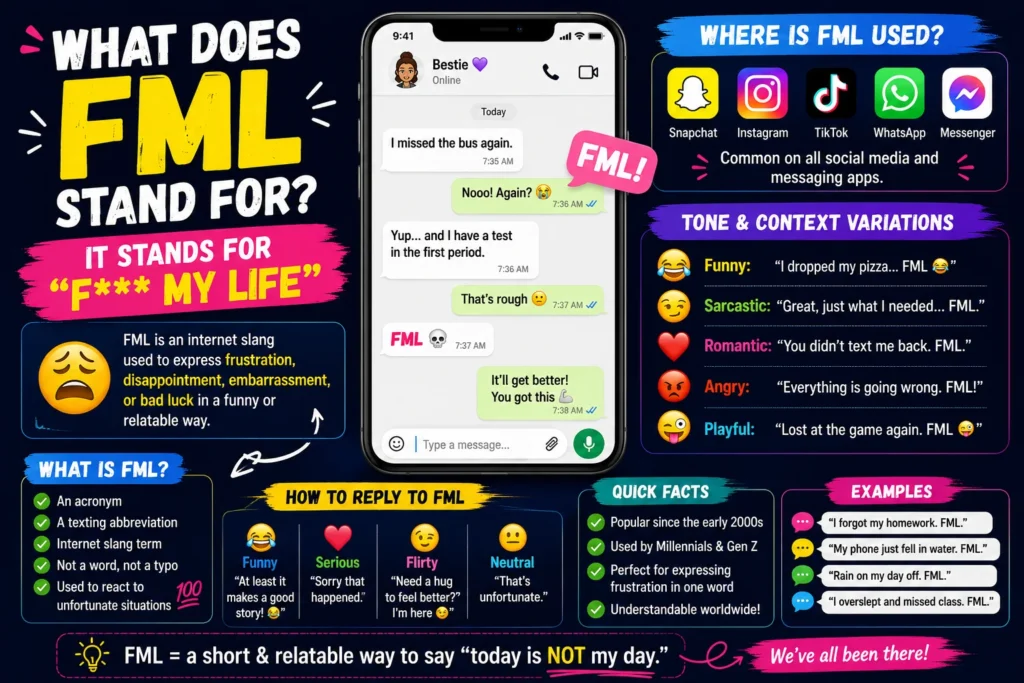 Featured image explaining what FML stands for in text and social media. The infographic defines FML as an internet slang term used to express frustration, disappointment, or bad luck, and includes a smartphone chat example, social media platforms like Snapchat, Instagram, TikTok, and WhatsApp, plus tone variations and response ideas.