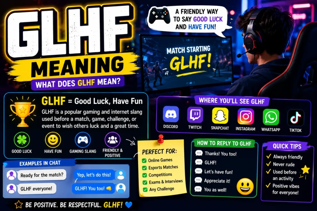Illustration explaining the meaning of GLHF (Good Luck, Have Fun), featuring gamers chatting online, gaming icons, speech bubbles, and bold GLHF text representing its use in gaming, texting, and online communities.