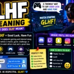 Illustration explaining the meaning of GLHF (Good Luck, Have Fun), featuring gamers chatting online, gaming icons, speech bubbles, and bold GLHF text representing its use in gaming, texting, and online communities.