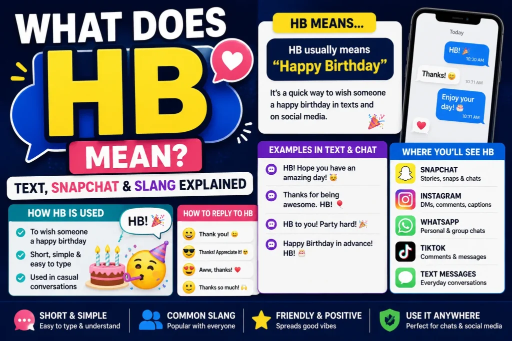 What Does HB Mean featured image explaining HB meaning in text, Snapchat, and slang. Includes chat bubbles, birthday-themed graphics, texting examples, social media icons, usage tips, and common replies, showing that HB commonly stands for Happy Birthday in online conversations.