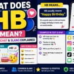 What Does HB Mean featured image explaining HB meaning in text, Snapchat, and slang. Includes chat bubbles, birthday-themed graphics, texting examples, social media icons, usage tips, and common replies, showing that HB commonly stands for Happy Birthday in online conversations.
