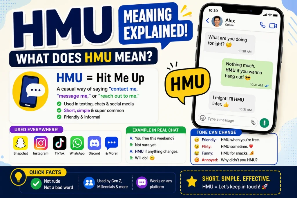 What Does HMU Mean? Person texting on a smartphone with colorful chat bubbles showing “HMU” and “Hit Me Up,” illustrating the popular texting abbreviation used on Snapchat, Instagram, TikTok, and online chats.