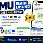 What Does HMU Mean? Person texting on a smartphone with colorful chat bubbles showing “HMU” and “Hit Me Up,” illustrating the popular texting abbreviation used on Snapchat, Instagram, TikTok, and online chats.