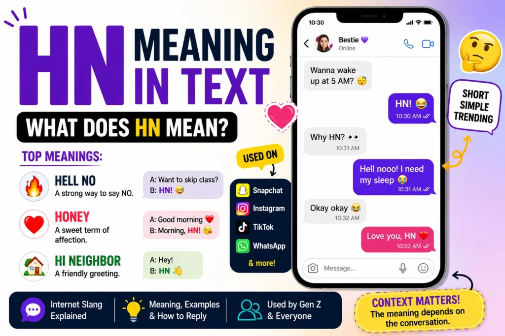 Smiling young person using a smartphone with colorful chat bubbles and social media icons, illustrating the meaning of “HN” in text messages, Snapchat, TikTok, Instagram, and online conversations. The image highlights HN as a popular texting abbreviation used in casual digital communication and Gen Z slang.
