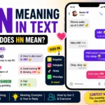 Smiling young person using a smartphone with colorful chat bubbles and social media icons, illustrating the meaning of “HN” in text messages, Snapchat, TikTok, Instagram, and online conversations. The image highlights HN as a popular texting abbreviation used in casual digital communication and Gen Z slang.