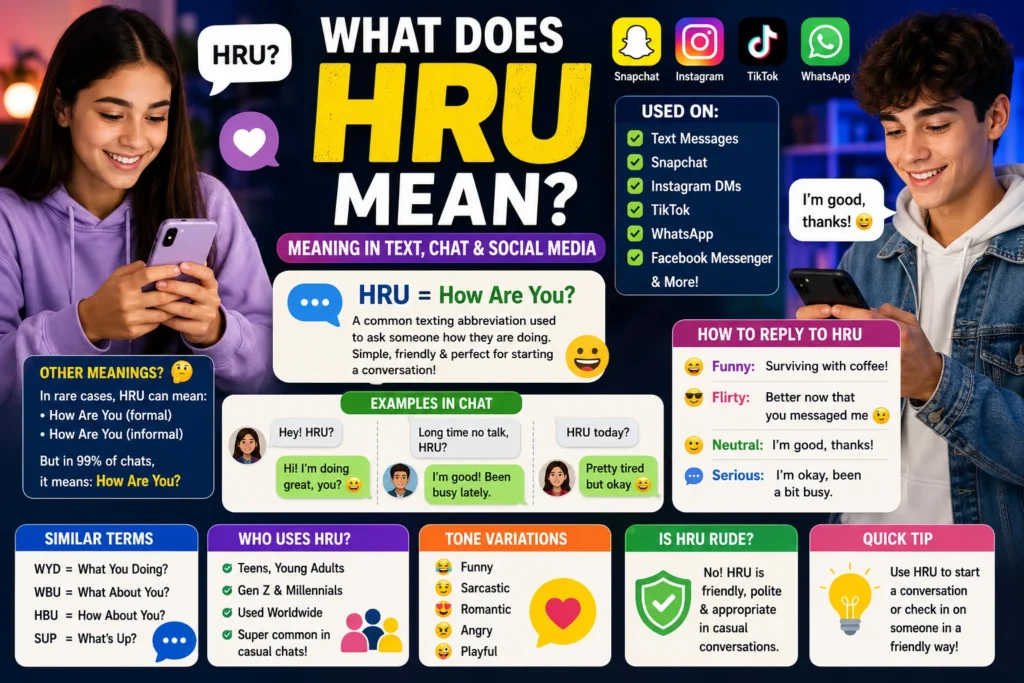 Colorful featured image explaining the meaning of HRU ("How Are You?"), featuring Gen Z male and female smartphone users, social media icons for Snapchat, Instagram, TikTok, and WhatsApp, chat examples, reply suggestions, tone variations, and infographic sections showing how HRU is used in texting, online chats, and social media conversations.