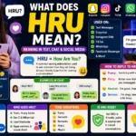 Colorful featured image explaining the meaning of HRU ("How Are You?"), featuring Gen Z male and female smartphone users, social media icons for Snapchat, Instagram, TikTok, and WhatsApp, chat examples, reply suggestions, tone variations, and infographic sections showing how HRU is used in texting, online chats, and social media conversations.