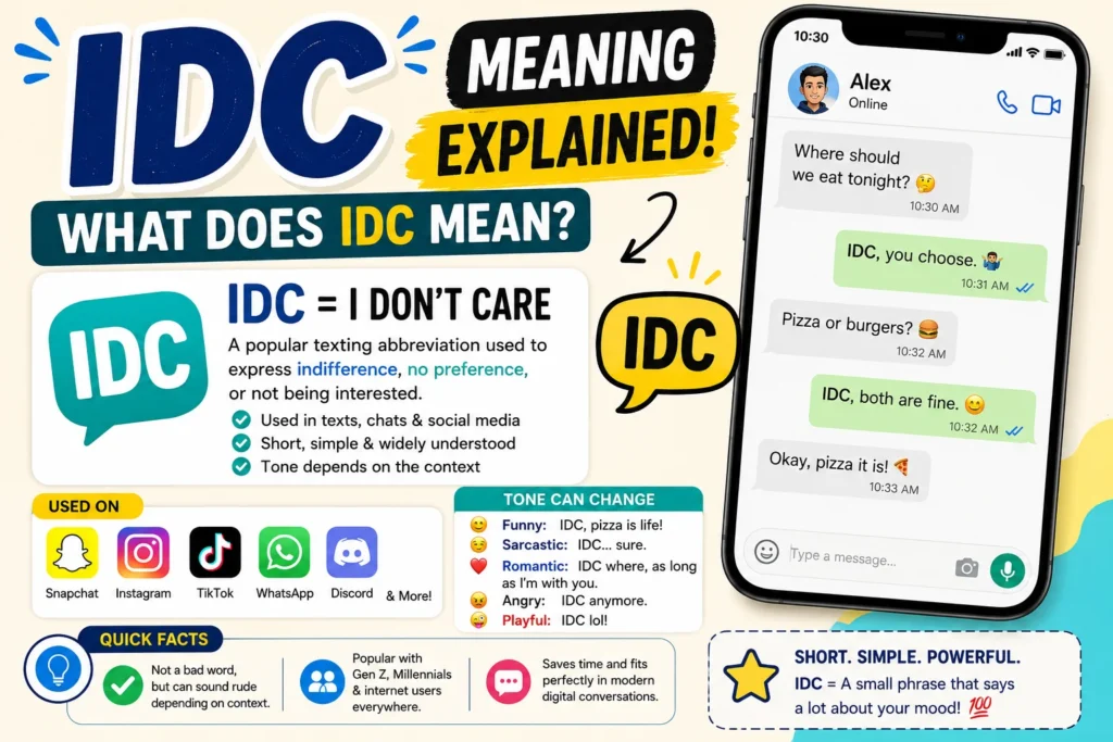 Colorful featured image explaining IDC meaning in text and chat, showing a smartphone with messaging bubbles, social media icons, and bold “IDC Meaning” text representing the slang abbreviation “I Don't Care” used on Snapchat, Instagram, TikTok, WhatsApp, and online conversations.