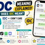 Colorful featured image explaining IDC meaning in text and chat, showing a smartphone with messaging bubbles, social media icons, and bold “IDC Meaning” text representing the slang abbreviation “I Don't Care” used on Snapchat, Instagram, TikTok, WhatsApp, and online conversations.