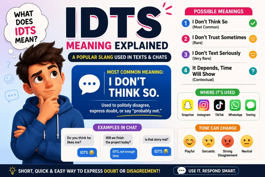IDTS meaning infographic explaining "I Don't Think So" with possible meanings, texting examples, social media platforms, and a thoughtful cartoon character showing doubt.