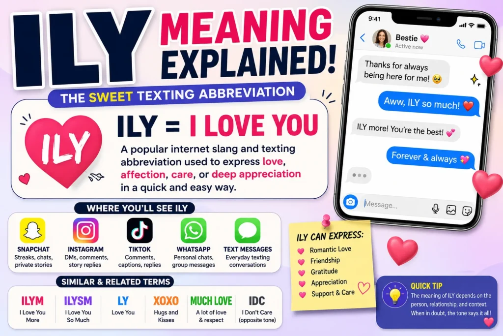 Colorful featured image explaining the ILY meaning in texting and social media. The design highlights “ILY = I Love You” with heart-themed graphics, a smartphone chat conversation between friends, and social media icons for Snapchat, Instagram, TikTok, WhatsApp, and text messaging. The infographic shows how ILY expresses love, friendship, appreciation, gratitude, and support, along with related abbreviations such as ILYSM, LY, and XOXO.