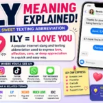 Colorful featured image explaining the ILY meaning in texting and social media. The design highlights “ILY = I Love You” with heart-themed graphics, a smartphone chat conversation between friends, and social media icons for Snapchat, Instagram, TikTok, WhatsApp, and text messaging. The infographic shows how ILY expresses love, friendship, appreciation, gratitude, and support, along with related abbreviations such as ILYSM, LY, and XOXO.