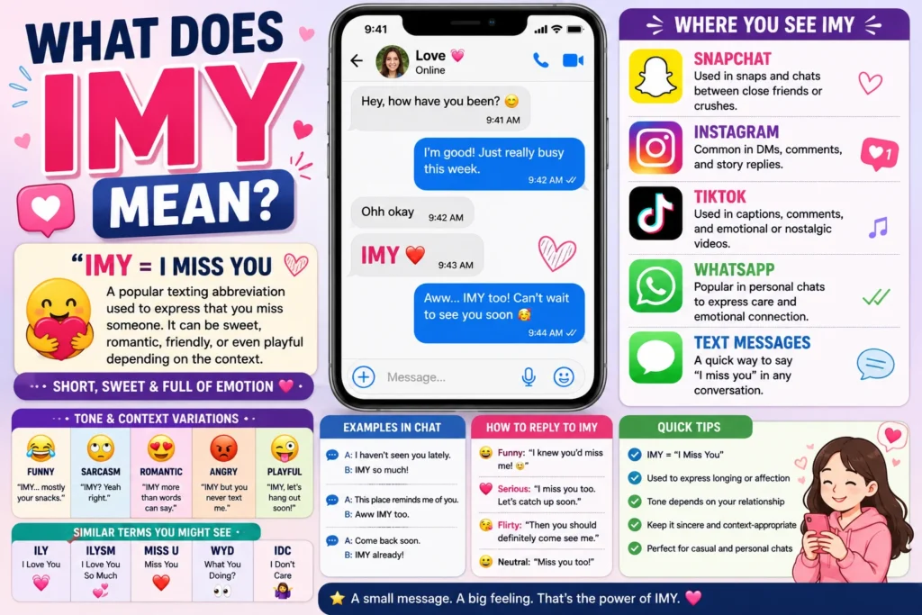 Colorful infographic explaining the meaning of IMY (“I Miss You”) in texting and social media, featuring smartphone chat examples, Snapchat, Instagram, TikTok, and WhatsApp icons, tone variations, reply suggestions, and visual guides for how IMY is used in online conversations.