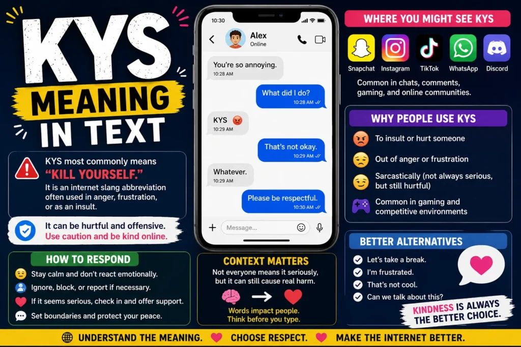 Featured image explaining what KYS means in text messages and online communication. The infographic shows a smartphone chat example, the meaning of KYS as an internet abbreviation, common platforms where it appears such as Snapchat, Instagram, TikTok, WhatsApp, and Discord, along with guidance on interpreting the term responsibly and responding appropriately.