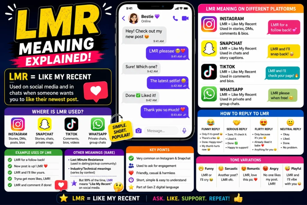 LMR Meaning infographic explaining LMR as “Like My Recent” on Instagram, Snapchat, TikTok, and WhatsApp, with chat examples, platform-specific usage, common replies, and social media engagement tips.