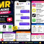 LMR Meaning infographic explaining LMR as “Like My Recent” on Instagram, Snapchat, TikTok, and WhatsApp, with chat examples, platform-specific usage, common replies, and social media engagement tips.