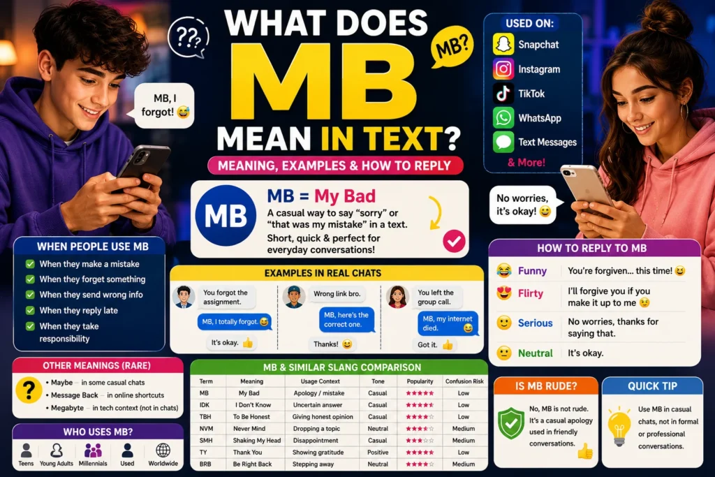 Featured image explaining the meaning of MB in text messaging, showing Gen Z male and female smartphone users, large text reading “What Does MB Mean in Text?”, and a visual guide that defines MB as “My Bad.” The infographic includes real chat examples, Snapchat, Instagram, TikTok, WhatsApp, and text message icons, response suggestions, slang comparisons, usage tips, and sections explaining when MB is used, whether it is rude, and how to reply in casual online conversations.
