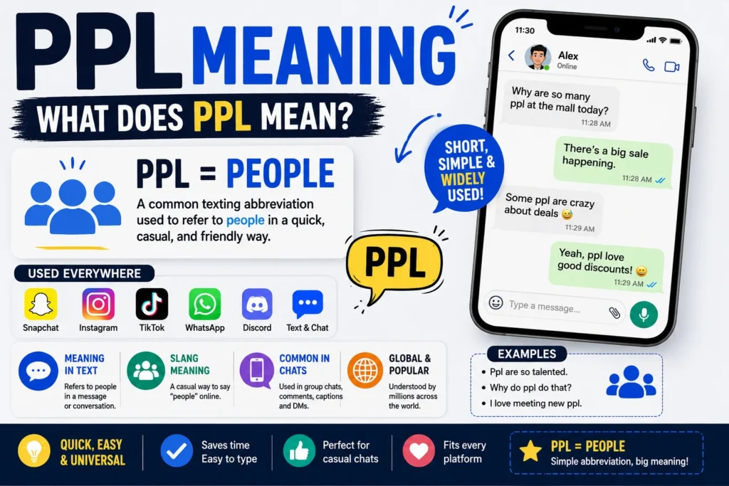 PPL meaning infographic showing the texting abbreviation “PPL” meaning “people,” with smartphone chat examples, social media icons for Snapchat, Instagram, TikTok, WhatsApp, and Discord, plus explanations of how PPL is used in text messages, online chats, and social media conversations.