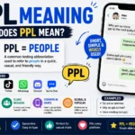 PPL meaning infographic showing the texting abbreviation “PPL” meaning “people,” with smartphone chat examples, social media icons for Snapchat, Instagram, TikTok, WhatsApp, and Discord, plus explanations of how PPL is used in text messages, online chats, and social media conversations.