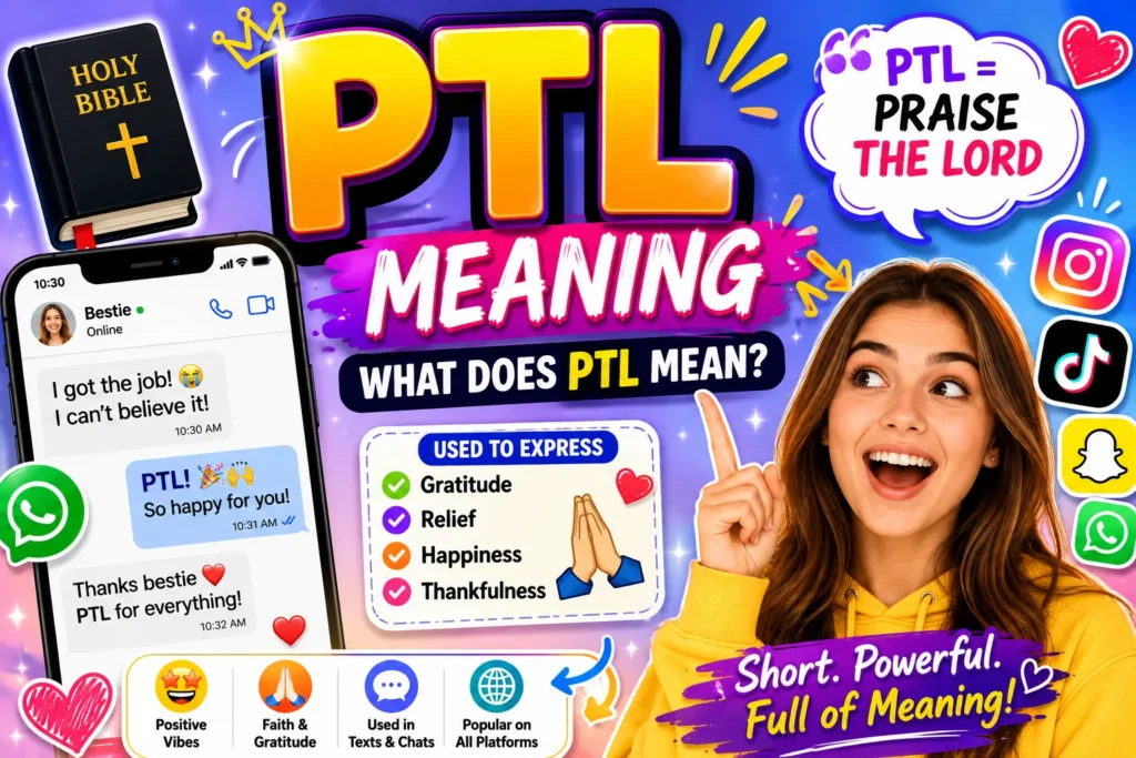 PTL Meaning infographic featuring a smiling young woman holding a smartphone, colorful social media icons, chat message examples, and bold text explaining that PTL stands for “Praise The Lord,” commonly used in texting, Snapchat, Instagram, TikTok, and WhatsApp to express gratitude, relief, happiness, and thankfulness.