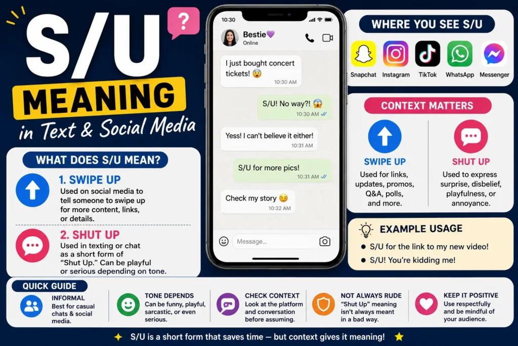 Featured image explaining what S/U means in text messages and social media. The infographic highlights the two common meanings of S/U—“Swipe Up” on Snapchat and Instagram, and “Shut Up” in texting—along with chat examples, social media platforms, and tips for understanding context.