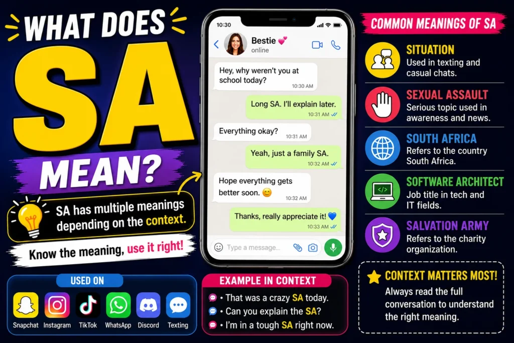 Featured illustration explaining what SA means in text messages and social media, showing a smartphone chat with 'SA' and icons for Snapchat, TikTok, Instagram, and WhatsApp alongside text bubbles representing different meanings like situation and common internet slang.