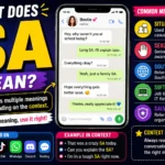 Featured illustration explaining what SA means in text messages and social media, showing a smartphone chat with 'SA' and icons for Snapchat, TikTok, Instagram, and WhatsApp alongside text bubbles representing different meanings like situation and common internet slang.