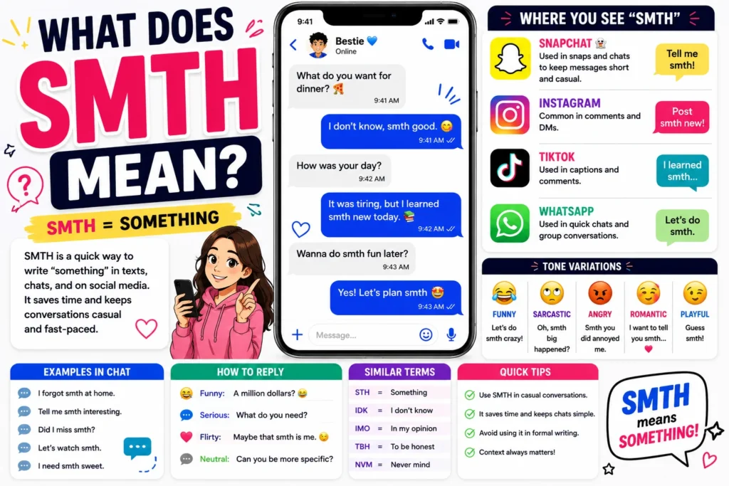 Colorful infographic-style illustration explaining the meaning of “SMTH” in texting and social media. The image features a smartphone chat conversation, social media platform icons (Snapchat, Instagram, TikTok, and WhatsApp), examples of SMTH usage, tone variations, reply suggestions, and a clear definition showing that “SMTH” is a shorthand for “something” in online chats and digital communication.