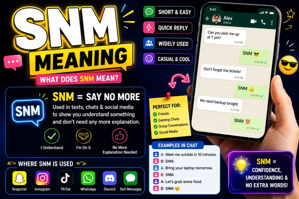 SNM meaning infographic showing that SNM stands for “Say No More,” with colorful text message examples, social media icons, and a smartphone chat screen illustrating how the slang is used in texts, Snapchat, Instagram, TikTok, WhatsApp, Discord, and online conversations.
