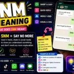 SNM meaning infographic showing that SNM stands for “Say No More,” with colorful text message examples, social media icons, and a smartphone chat screen illustrating how the slang is used in texts, Snapchat, Instagram, TikTok, WhatsApp, Discord, and online conversations.