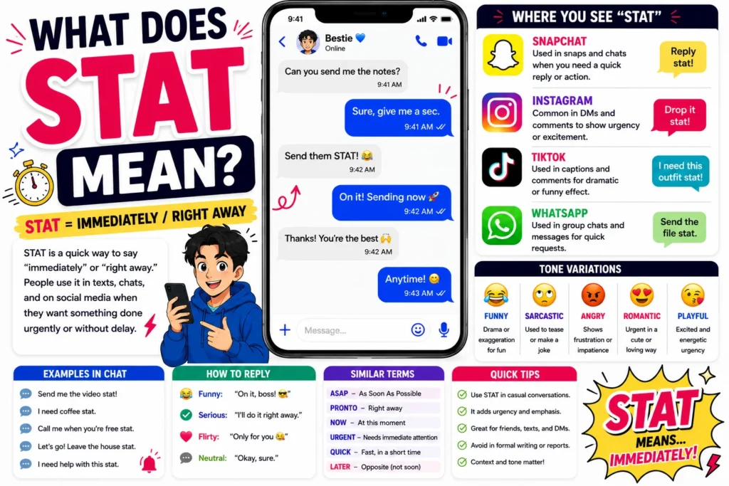 Colorful infographic explaining the meaning of “STAT” in text messages and online slang, featuring smartphone chat examples, Snapchat, Instagram, TikTok, and WhatsApp icons, tone variations, reply suggestions, and a definition showing that “STAT” means immediately or right away in digital conversations.
