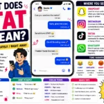 Colorful infographic explaining the meaning of “STAT” in text messages and online slang, featuring smartphone chat examples, Snapchat, Instagram, TikTok, and WhatsApp icons, tone variations, reply suggestions, and a definition showing that “STAT” means immediately or right away in digital conversations.