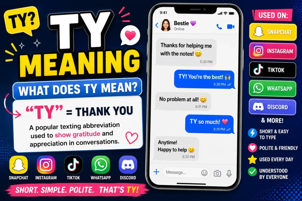 TY meaning infographic showing that TY stands for “Thank You” in texting and social media conversations, with smartphone chat examples and Snapchat, Instagram, TikTok, WhatsApp, and Discord icons.