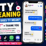 TY meaning infographic showing that TY stands for “Thank You” in texting and social media conversations, with smartphone chat examples and Snapchat, Instagram, TikTok, WhatsApp, and Discord icons.