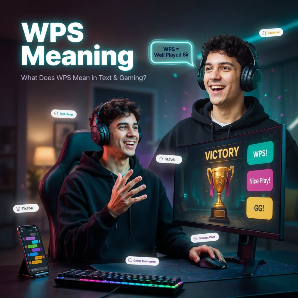 WPS meaning featured image showing a happy gamer wearing a headset at a gaming setup after a victory, with a monitor displaying a trophy and chat messages including “WPS,” “Nice Play,” and “GG.” The image explains that WPS means “Well Played Sir” in texting, gaming chat, and social media conversations on platforms like TikTok and Snapchat.