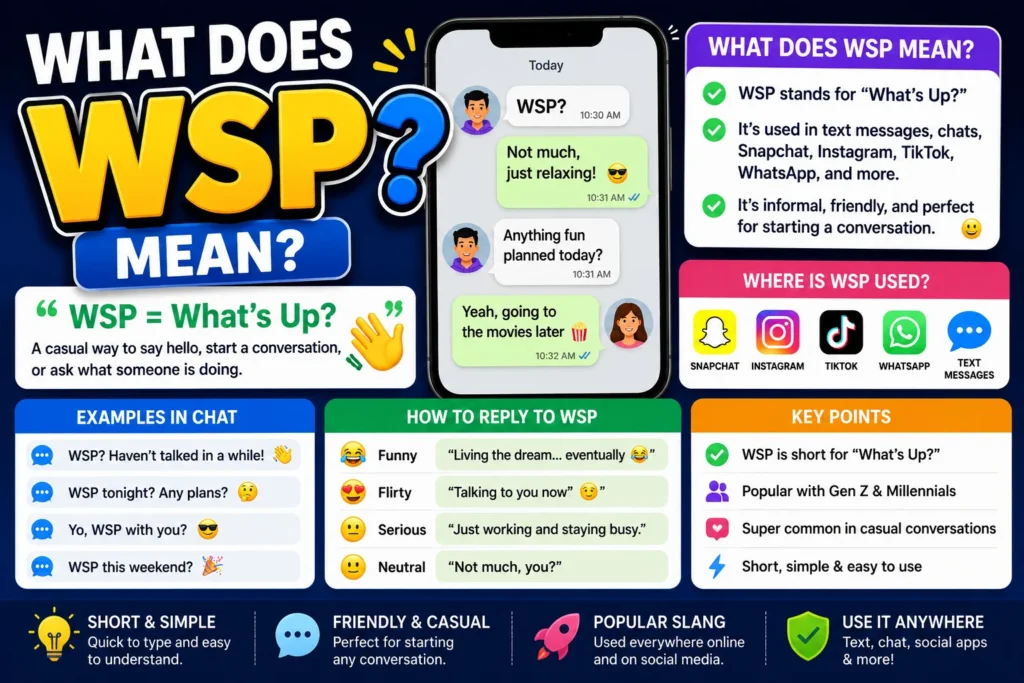 What Does WSP Mean featured image explaining WSP as "What's Up?" in text messages, Snapchat, TikTok, Instagram, and WhatsApp. Includes chat bubbles, texting examples, social media icons, conversation starters, and common replies.