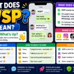 What Does WSP Mean featured image explaining WSP as "What's Up?" in text messages, Snapchat, TikTok, Instagram, and WhatsApp. Includes chat bubbles, texting examples, social media icons, conversation starters, and common replies.