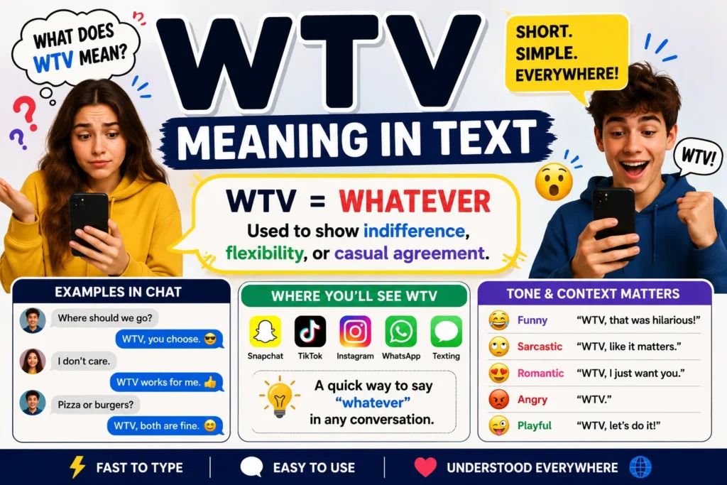WTV meaning in text infographic showing two smartphone users with confused and excited expressions, large “WTV Meaning in Text” headline, definition “WTV = Whatever,” examples of chat conversations, social media platforms including Snapchat, TikTok, Instagram, and WhatsApp, plus explanations of funny, sarcastic, romantic, angry, and playful texting tones.