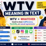 WTV meaning in text infographic showing two smartphone users with confused and excited expressions, large “WTV Meaning in Text” headline, definition “WTV = Whatever,” examples of chat conversations, social media platforms including Snapchat, TikTok, Instagram, and WhatsApp, plus explanations of funny, sarcastic, romantic, angry, and playful texting tones.